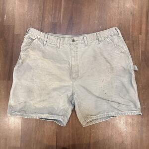Carhartt Work Shorts Mens 46 Khaki Canvas Carpenter Utility Loop Distressed